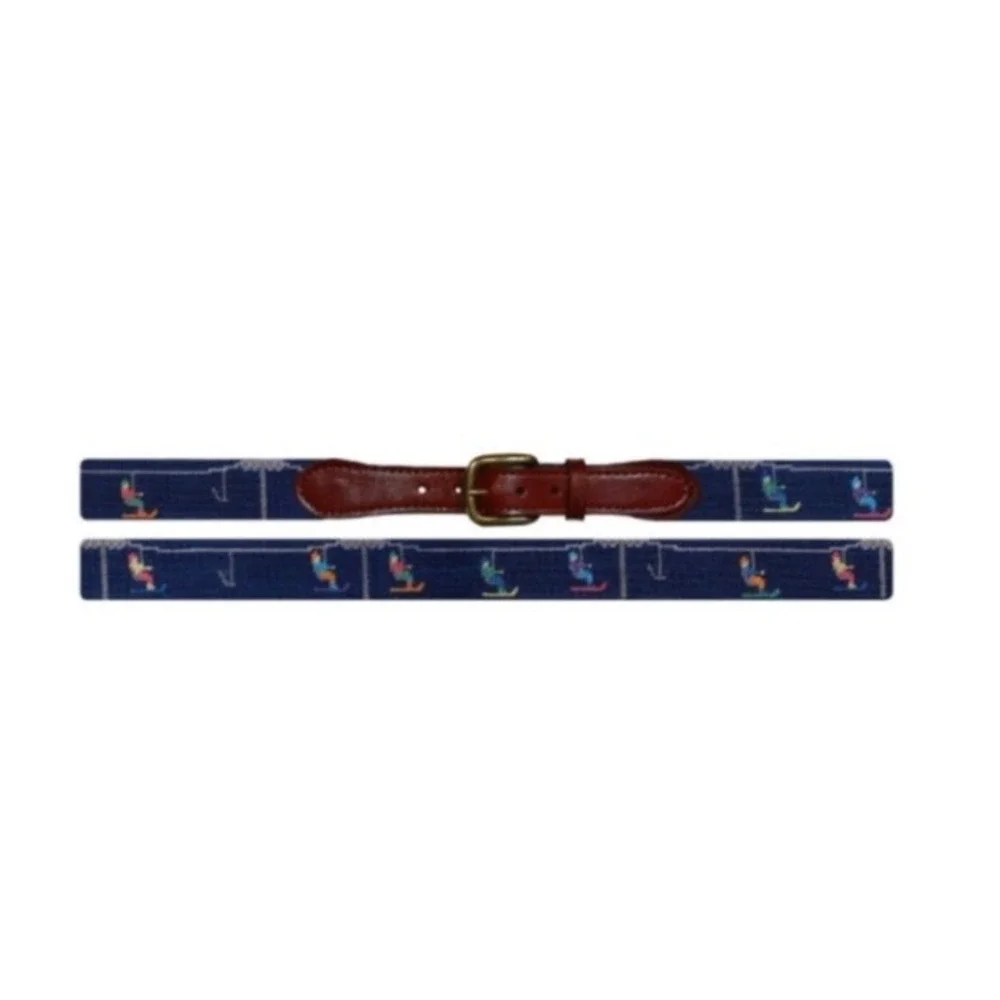 Smathers & Branson Men Needlepoint Belt Chairlift Skiing Navy Leather Brass 42 - Picture 2 of 9